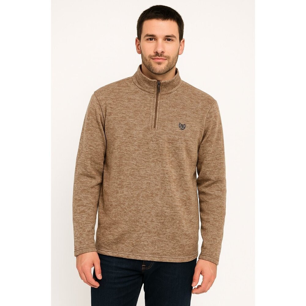 Chaps Sweater Men Medium Brown 1/4 Zip Pullover Fleece Sweatshirt Pockets Logo